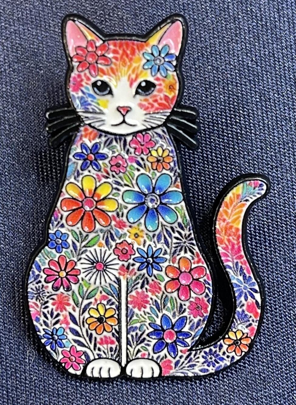 NWOT Cat Kitten Brooch Lapel Pin Enamel Multicolor Floral Animals Pets